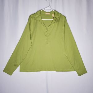 Kate Hill Button Shirt Women 3X Green Supima Cotton Preppy Sequin